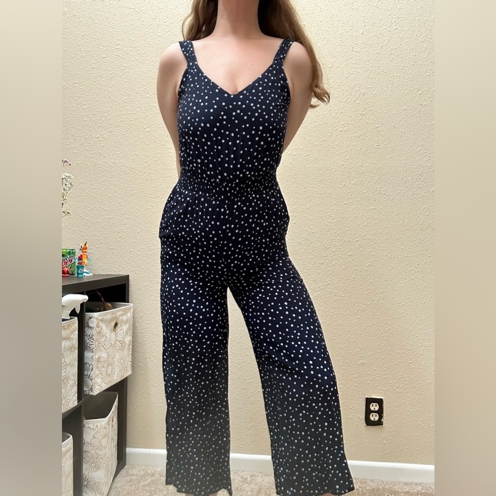 LOFT Size small Navy Blue Polka-dot Ankle Crop Wide Leg Jumpsuit with Pockets